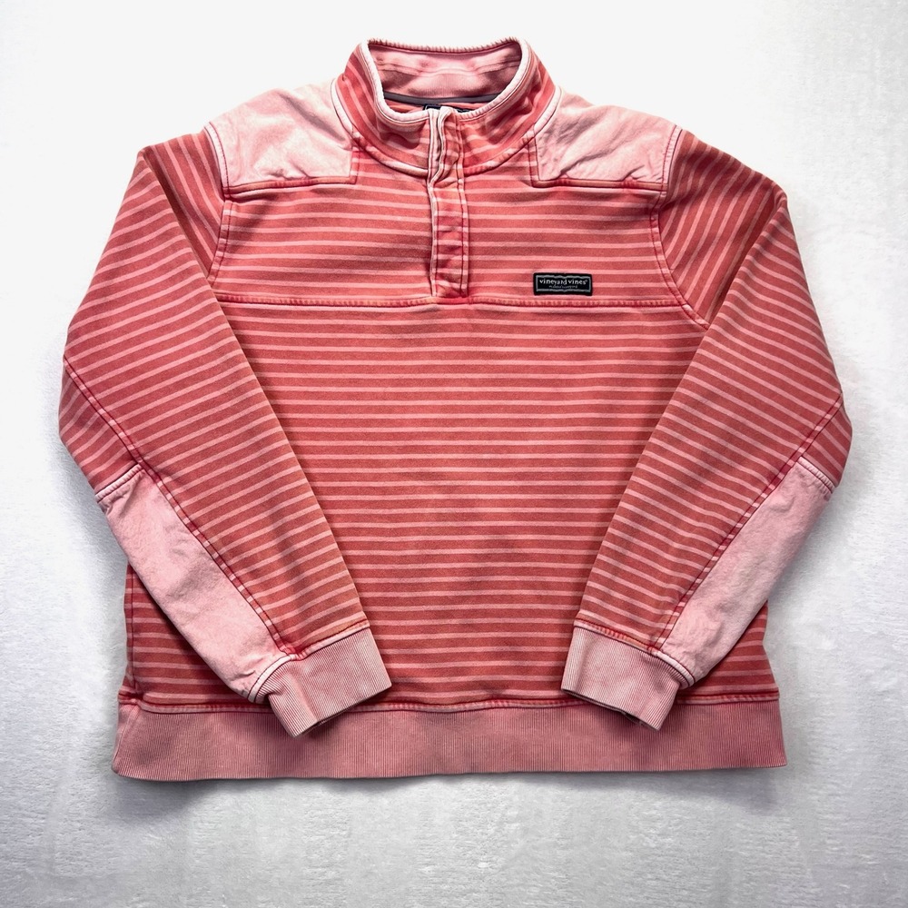Vineyard Vines Pullover Mens XL Pink Striped Quarter Button Elbow Patch Cotton